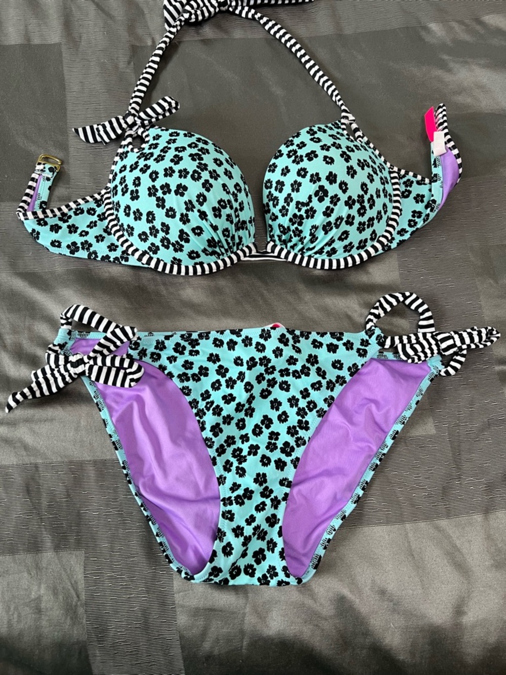 Victoria's Secret Mint Floral Bikini with Black & White Striped Trim